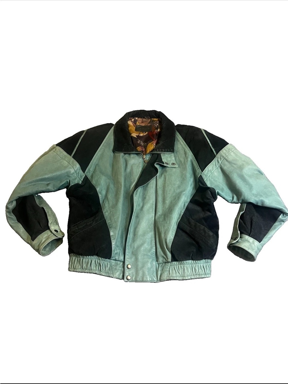 Vintage Saxony Suede Leather Jacket Size44 Geometric Color Block Bomber 90s